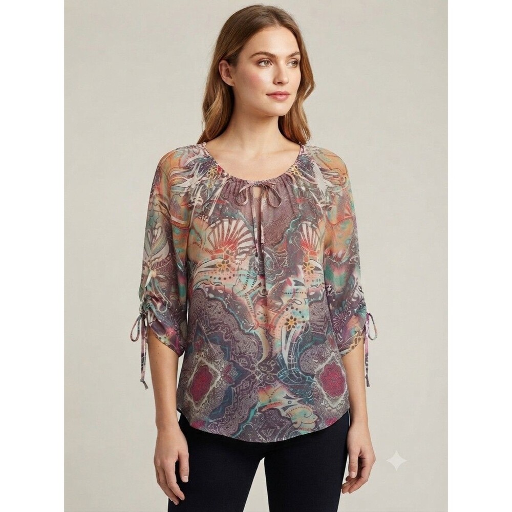 Energe World Wear Boho Paisley Peasant Blouse Multicolor Top